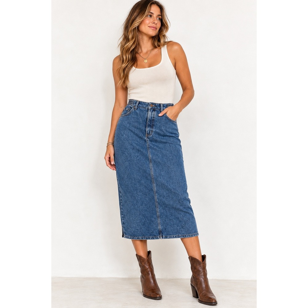 Lee Denim Maxi Skirt Women Size 12 Medium Wash Long Jean Skirt Vintage 90s Boho